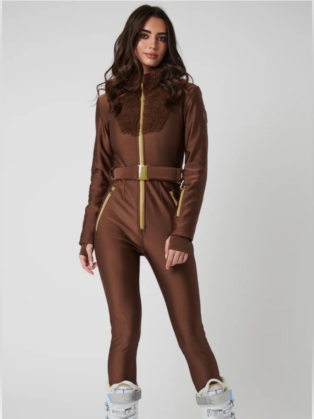 My Sunday Ski Brown Ski suit and bag with Gold Accents, L